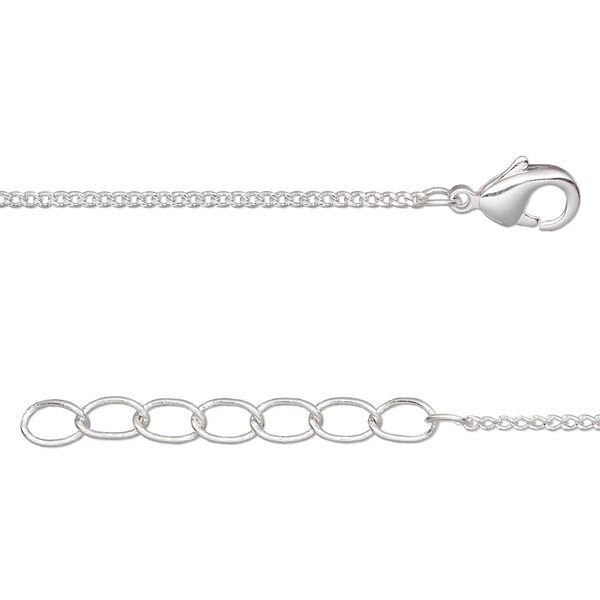 Chain, silver-plated brass, 1mm curb, 18 inches with 1-1/4 inch extender chain and lobster claw clasp. Sold per pkg of 4. image number 0