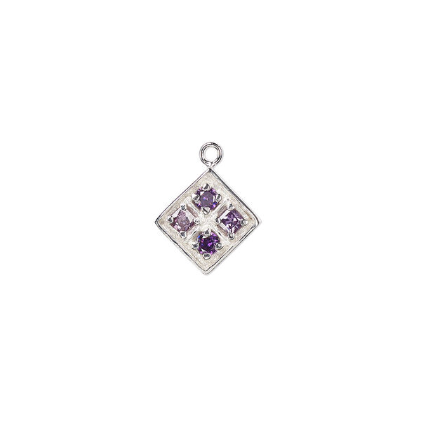 Drop, cubic zirconia and sterling silver, amethyst purple, 11mm faceted diamond. Sold individually. image number 0