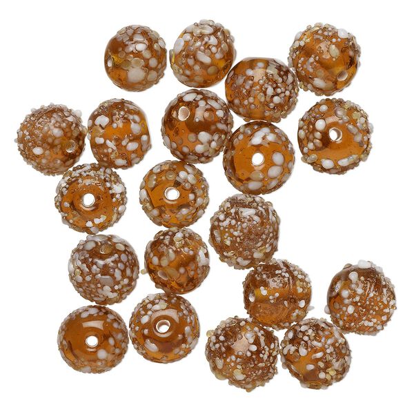 Bead, lampworked glass, translucent brown and white, 10mm bumpy round. Sold per pkg of 20. image number 0