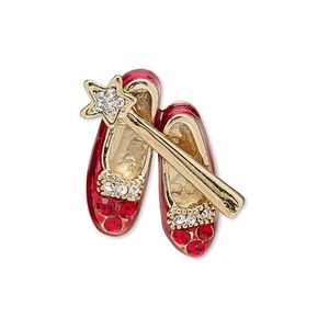 Spot pin, enamel / Czech glass rhinestone / gold-finished brass / "pewter" (zinc-based alloy), red and clear, 27x24mm shoes and wand. Sold individually.