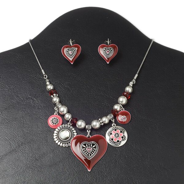 Necklace and earring set, glass / black lip shell (natural) / enamel / antique silver-plated "pewter" (zinc-based alloy) and steel, pink and red, heart,16 inches with 3-inch extender chain and lobster claw clasp, 1-1/8 inch earrings with leverback ear wire. Sold per set. image number 0