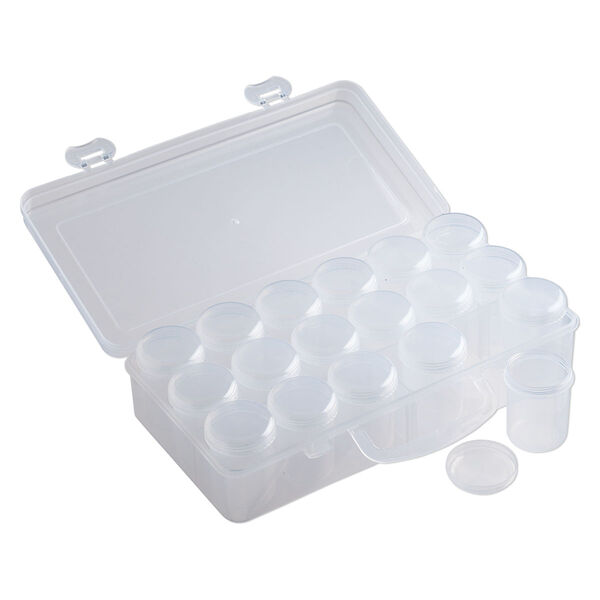 Organizer box, plastic, clear, 10 x 5 x 2-1/2-inch rectangle, (18) round vials with threaded closures. Sold individually. image number 1