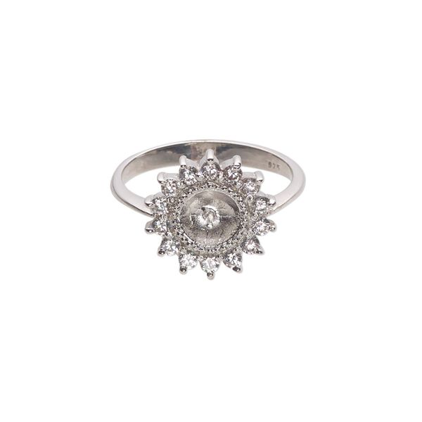 Ring, cubic zirconia and rhodium-plated sterling silver, clear, 3mm band with 13mm flower and 3mm peg, fits 8mm half-drilled bead, size 7. Sold individually. image number 0