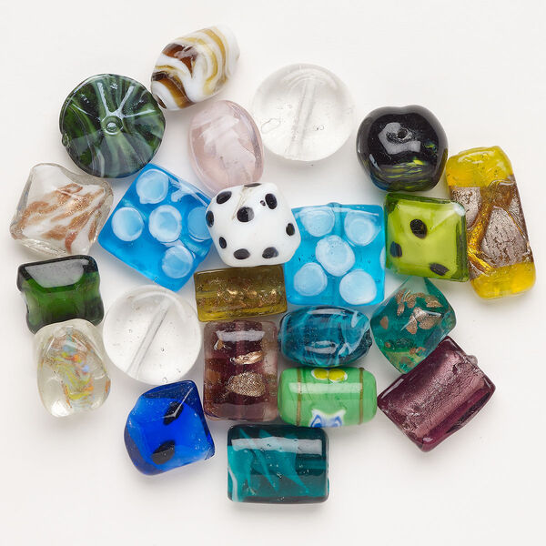 Bead mix, lampworked glass, pkg/4 ounces, opaque to transparent mixed colors with silver-colored foil and copper-colored glitter, 17x15mm-30x21mm mixed shapes. image number 0