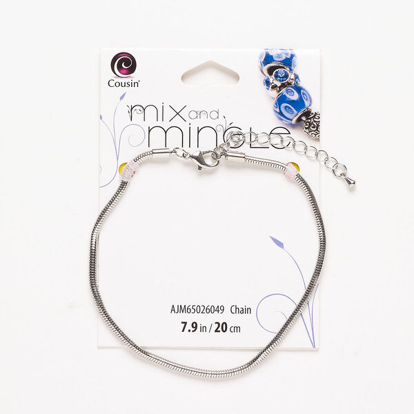 Chain 1pkg1 brass 2.5mm snake silver finish 7.5 inch / lobster claw clasp / 2-inch extender image number 0