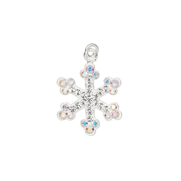 Charm, cubic zirconia / epoxy / sterling silver, clear AB and white, 15x13.5mm single-sided snowflake with 3mm closed jump ring. Sold individually. image number 0