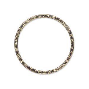 Focal, antique gold-plated steel, 30mm double-sided hammered flat open round. Sold per pkg of 10.