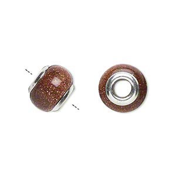 Bead, Dione®, brown goldstone (glass) (man-made) and sterling silver grommets, 11x8mm-13x9mm rondelle with 4mm hole. Sold individually. image number 0