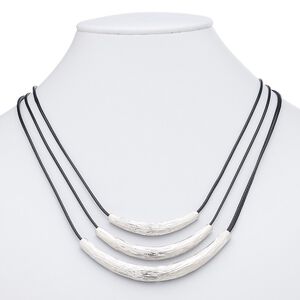 Necklace, 3-strand, waxed cotton cord with imitation rhodium-plated brass and "pewter" (zinc-based alloy), black, 2 x 1/4 to 3-1/4 x 1/4 inch graduated curved tube, 16 inches with 3-inch extender chain and lobster claw clasp. Sold individually.