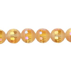 Bead 1pk 96 facets translucent golden blush AB half-matte, Celestial Crystal® 10mm round 8 inch