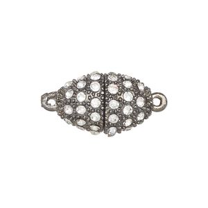 Clasp, magnetic, gunmetal-finished brass and glass, clear, 21x13mm-21x14mm oval. Sold individually.