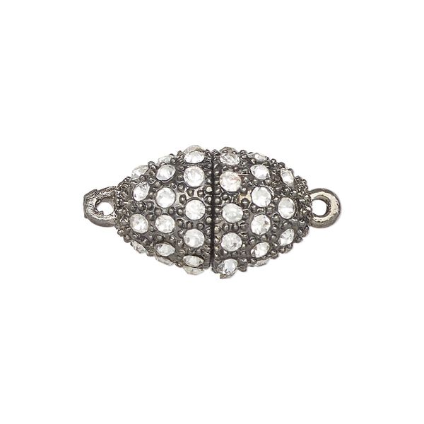 Clasp, magnetic, gunmetal-finished brass and glass, clear, 21x13mm-21x14mm oval. Sold individually. image number 0