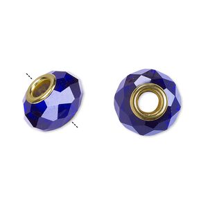 Bead, Dione®, glass and gold-finished brass grommets, 32-facet, cobalt, 13x9mm-14x10mm faceted rondelle, 4.5mm hole. Sold individually.