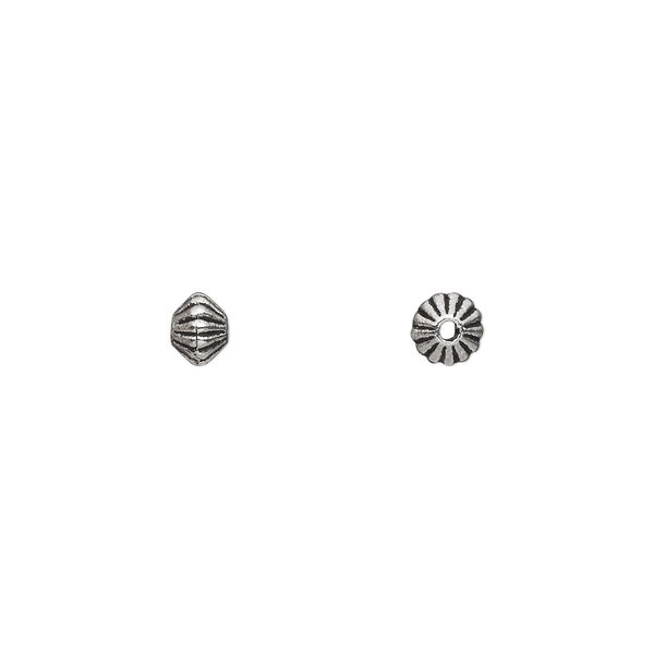 Bead, antique silver-plated "pewter" (zinc-based alloy), 5x3mm-5x4mm double-sided corrugated double cone. Sold per pkg of 100. image number 0