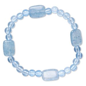 Bracelet, stretch, quartz (dyed) and acrylic, blue, 5mm round and 13x10mm-14x11mm flat rectangle, 6-1/2 inches. Sold individually.