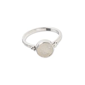 Ring, white druzy agate (natural) and sterling silver, 9mm round with 8mm round, size 7-1/2 to 8. Sold individually.