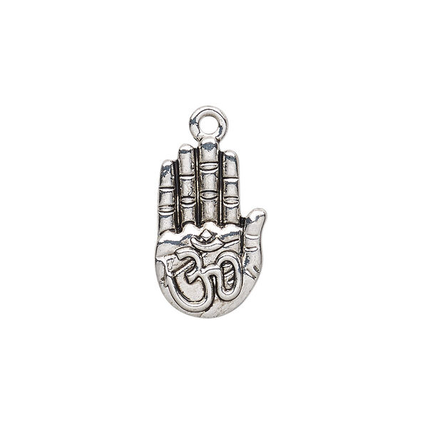 Charm, antique silver-finished "pewter" (zinc-based alloy), 20x12mm single-sided hand with Om symbol. Sold per pkg of 4. image number 0