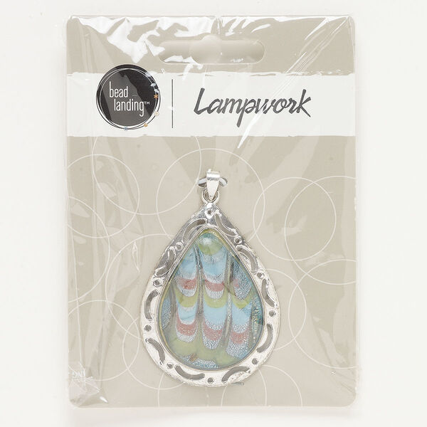 Pendant, antique silver-finished "pewter" (zinc-based alloy) and glass, green and light blue, 45x34mm cutout teardrop with silver-colored foil and copper-colored foil. Sold individually. image number 0