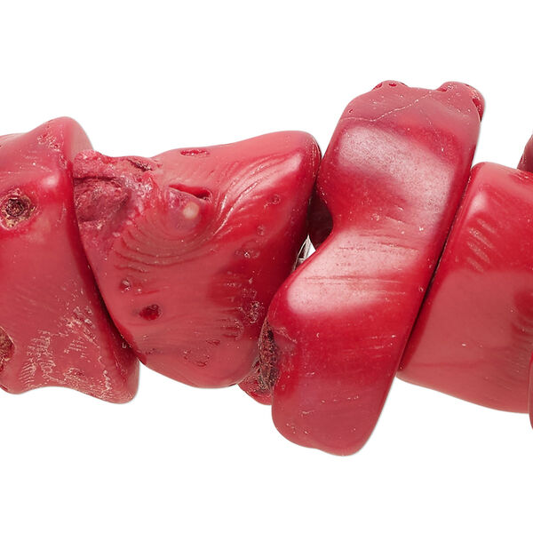 Bead, bamboo coral (dyed), red, 20x12mm-30x17mm freeform, D grade, Mohs hardness 3-1/2 to 4. Sold per 15-inch strand. image number 0