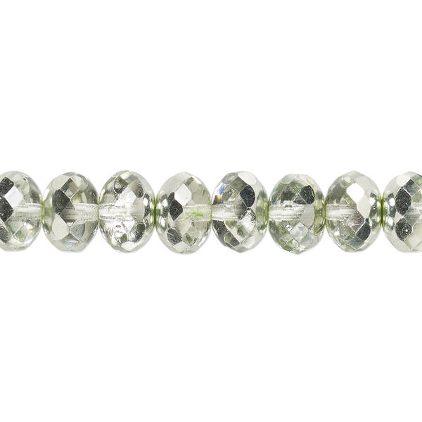 Bead, Czech fire-polished glass, translucent metallic mint, 9x5mm faceted rondelle. Sold per 15-1/2" to 16" strand. image number 0