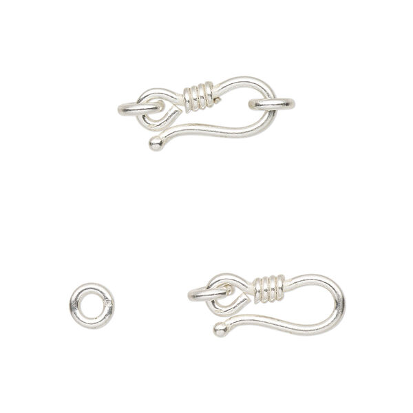 Clasp, hook-and-eye, sterling silver, 14x7mm with (2) 4mm soldered jump rings. Sold per pkg of 2. image number 0