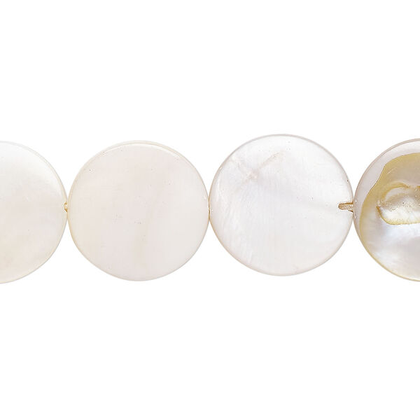 Mother-of-pearl shell 1pkg1, puffed flat round bead 15 inch ivory 14-15mm image number 0
