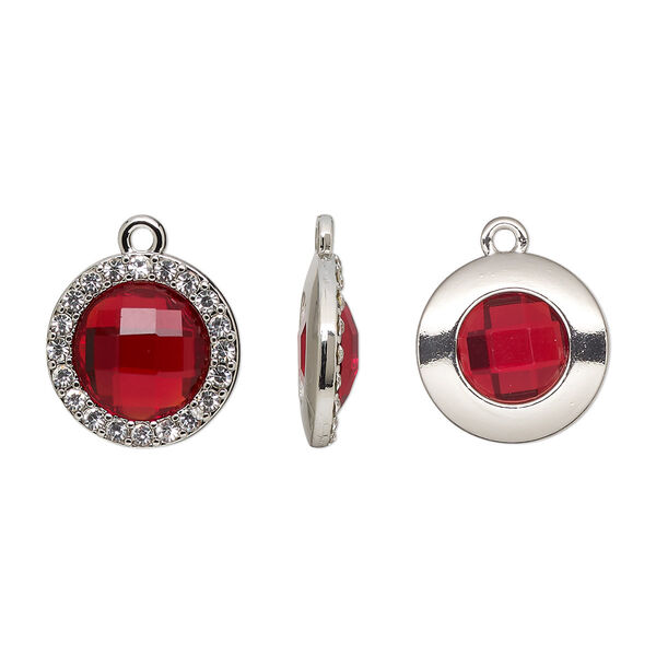 Drop, glass / glass rhinestone / imitation rhodium-finished "pewter" (zinc-based alloy), clear and transparent ruby red, 17mm single-sided round. Sold per pkg of 2. image number 0