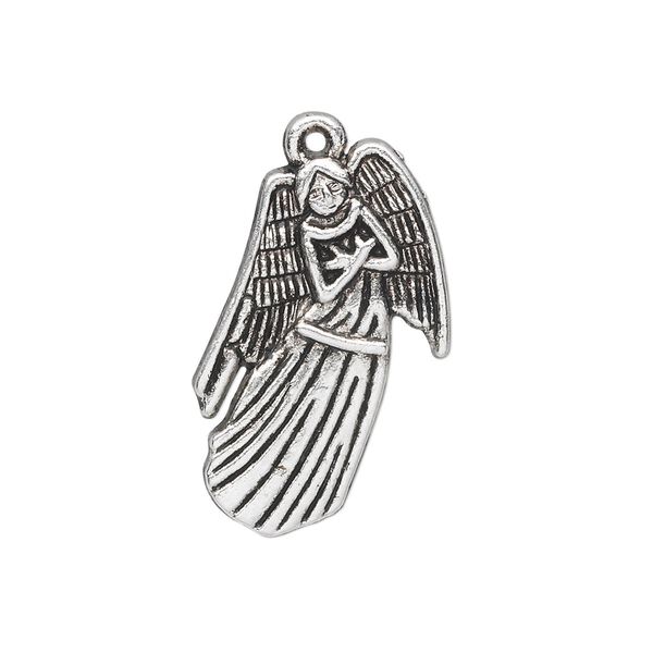 Charm, antique silver-plated "pewter" (zinc-based alloy), 28x17mm single-sided angel. Sold per pkg of 10. image number 0