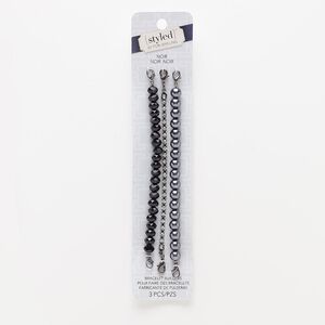 Bracelet component, glass rhinestone / glass pearl / gunmetal-finished "pewter" (zinc-based alloy), dark grey / black / clear, 3mm cupchain / 8mm round / 8x6mm faceted rondelle, 6 inches with lobster claw clasp. Sold per pkg 3.