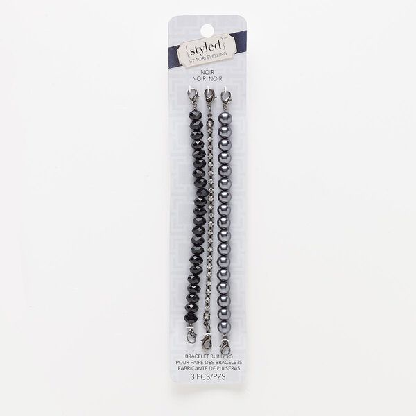 Bracelet component, glass rhinestone / glass pearl / gunmetal-finished "pewter" (zinc-based alloy), dark grey / black / clear, 3mm cupchain / 8mm round / 8x6mm faceted rondelle, 6 inches with lobster claw clasp. Sold per pkg 3. image number 0