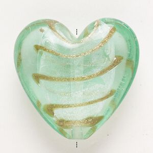 Bead, lampworked glass, pkg/1, opaque and translucent mint green with silver-colored foil and copper-colored glitter, 33-36mm puffed heart.