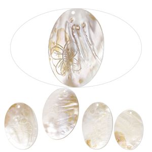 Focal, mother-of-pearl shell (natural/bleached), 58x40mm-70x52mm hand-carved oval with butterfly design, Mohs hardness 3-1/2. Sold per pkg of 5.