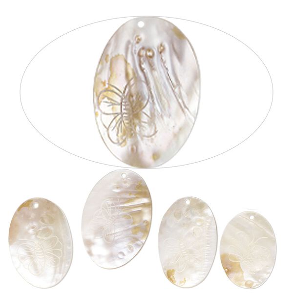 Focal, mother-of-pearl shell (natural/bleached), 58x40mm-70x52mm hand-carved oval with butterfly design, Mohs hardness 3-1/2. Sold per pkg of 5. image number 0