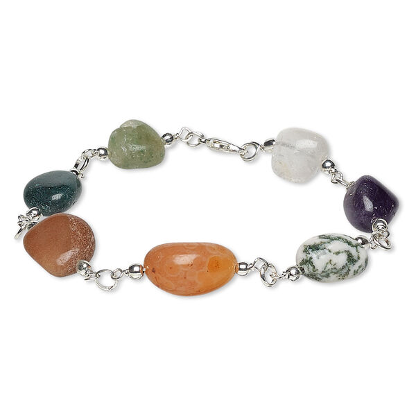 Bracelet, agate (natural / dyed) with silver-plated brass and steel, multicolored, small to medium hand-cut nugget, 7-1/2 inches with lobster claw clasp. Sold individually. image number 0