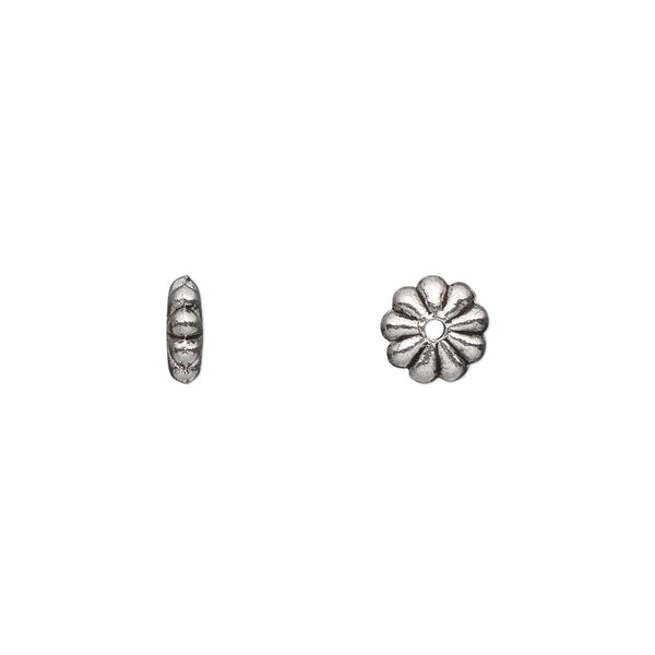 Bead, antique silver-plated "pewter" (zinc-based alloy), 7x2mm double-sided flower rondelle. Sold per pkg of 500. image number 0