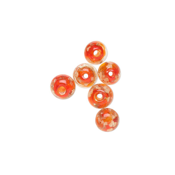 Bead, lampworked glass, clear / red / glow-in-the-dark / gold, 6mm round. Sold per pkg of 6. image number 0