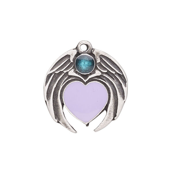 Charm, enamel and antiqued "pewter" (zinc-based alloy), blue and purple, 24x22mm wing and heart. Sold individually. image number 0