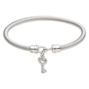 Bracelet, bangle, Czech glass rhinestone with silver-plated brass and "pewter" (zinc-based alloy), clear, 4mm twisted cable with 16x8mm key, 7-1/2 inches with hook-and-eye clasp. Sold individually.