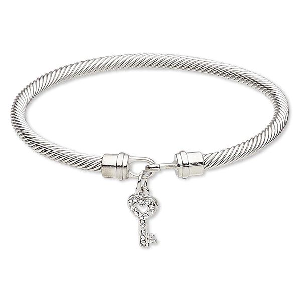 Bracelet, bangle, Czech glass rhinestone with silver-plated brass and "pewter" (zinc-based alloy), clear, 4mm twisted cable with 16x8mm key, 7-1/2 inches with hook-and-eye clasp. Sold individually. image number 0