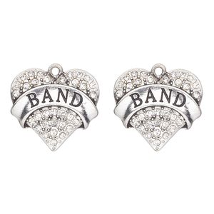 Charm, antique silver-finished "pewter" (zinc-based alloy) and glass, clear, 24x22mm single-sided heart with "band". Sold per pkg of 2.