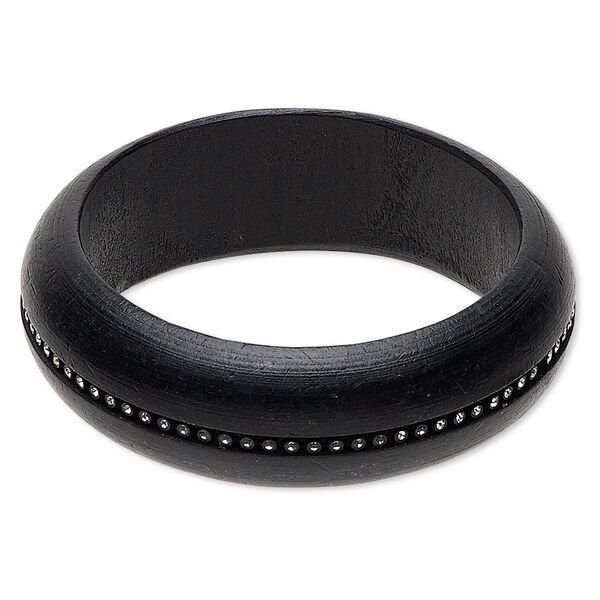Bracelet, bangle, painted wood and glass rhinestones, black and clear, 25mm wide, 8 inches. Sold individually. image number 0