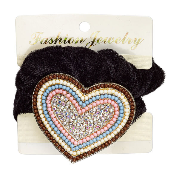 Hair tie, stretch, acrylic / glass rhinestone / velvet / gold-finished "pewter" (zinc-based alloy), multicolored, 53x46mm heart. Sold individually. image number 0