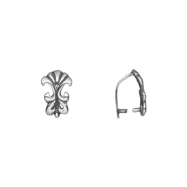 Bail, ice-pick, antiqued sterling silver, 11x7.5mm single-sided fleur-de-lis, 8mm grip length. Sold individually. image number 0