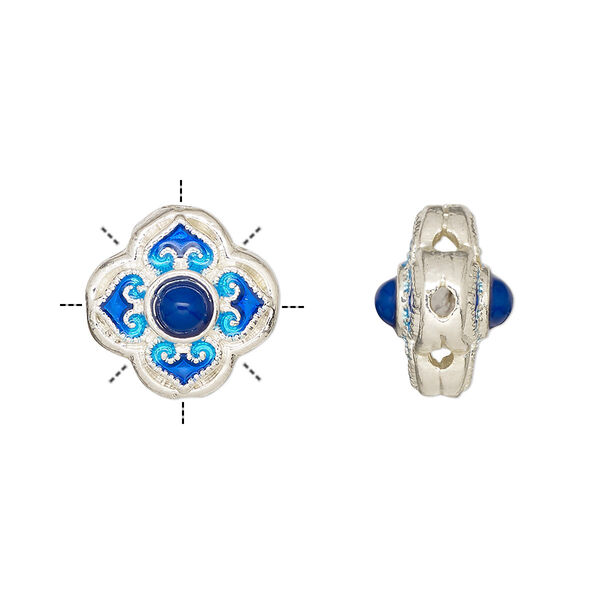Bead, silver-finished brass / resin / enamel, blue and light blue, 12.5mm cross-drilled square with flower design. Sold individually. image number 0