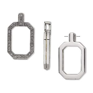 Pendant, Almost Instant Jewelry®, antique silver-plated brass and rubber, 42x24mm single-sided hinged octagon with 27x18.5mm emerald-cut setting. Sold individually.