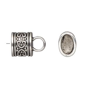 Cord end, glue-in, antique silver-finished "pewter" (zinc-based alloy), 12x11x9mm fancy oval, 9.5x6mm inside diameter. Sold per pkg of 4.