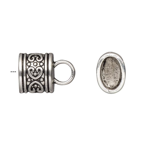 Cord end, glue-in, antique silver-finished "pewter" (zinc-based alloy), 12x11x9mm fancy oval, 9.5x6mm inside diameter. Sold per pkg of 4. image number 0