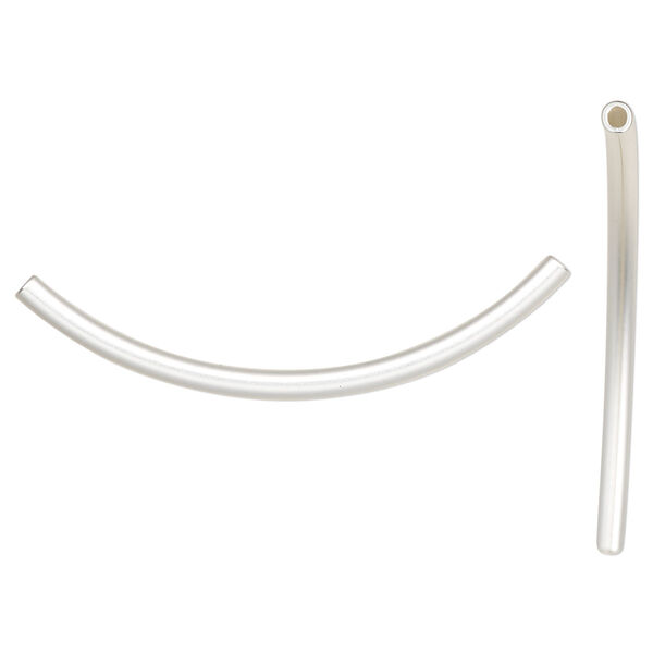 Bead, silver-plated brass with satin finish, 38x2mm curved tube. Sold per pkg of 100. image number 0