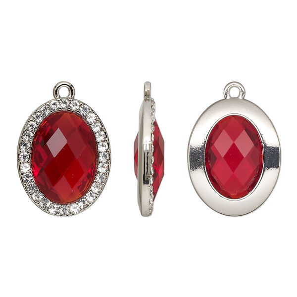 Drop, glass / glass rhinestone / imitation rhodium-finished "pewter" (zinc-based alloy), clear and transparent ruby red, 23.5x19mm single-sided oval. Sold per pkg of 2. image number 0