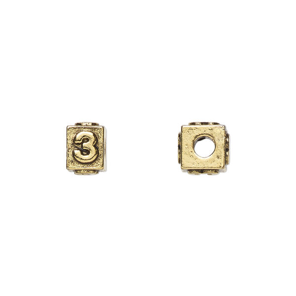 Bead, antique gold-plated pewter (tin-based alloy), 8x6mm rectangle with number "3." Sold per pkg of 4. image number 0